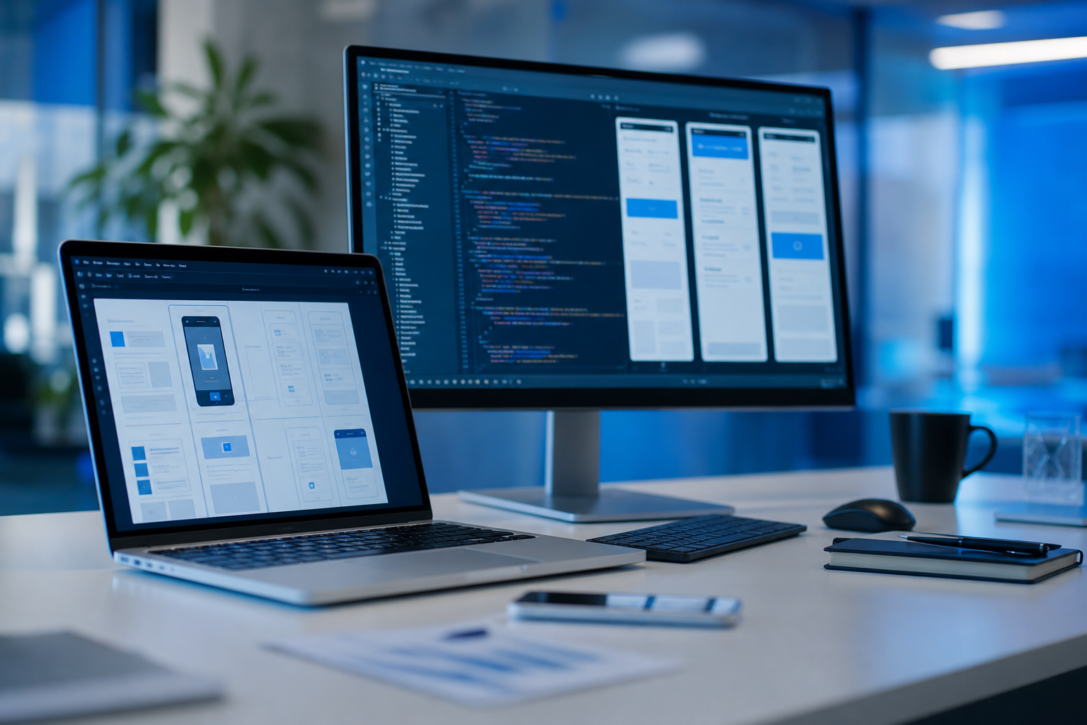 Softwareentwicklung mit UI-Design und Code auf modernen Bildschirmen