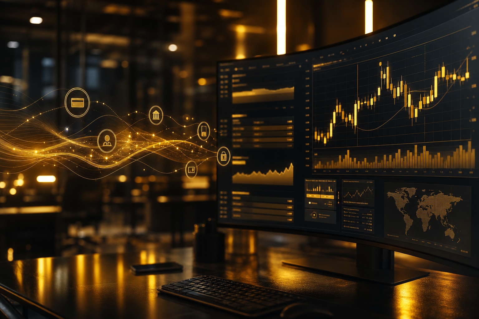 Digitale Finanztechnologie und Dashboards in einem modernen Büro