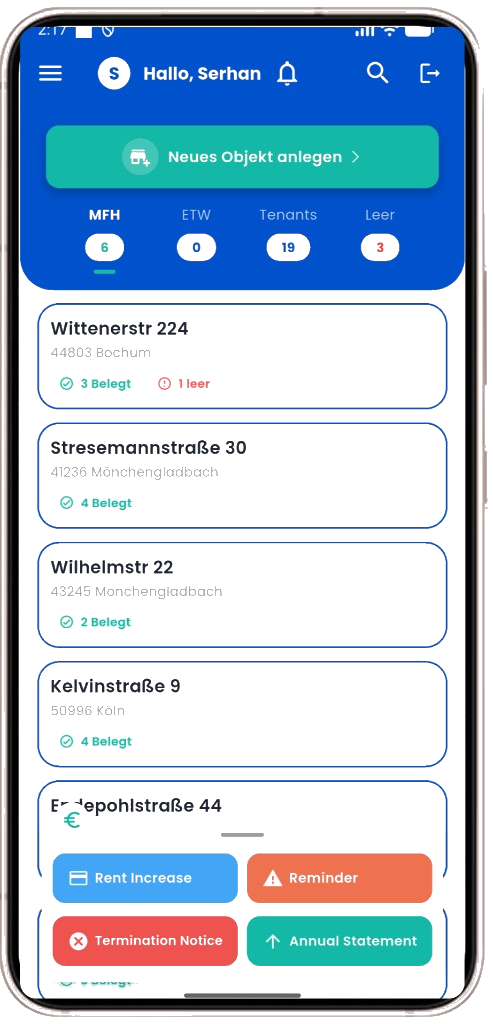 Immobilienverwaltung App — Objektübersicht mit allen Immobilien auf dem Smartphone